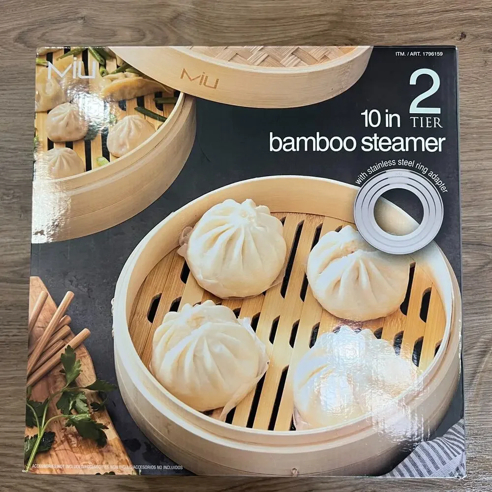 MIU Bamboo Steamer Basket 10 Inch 2 Tier Set Stainless Adapter
